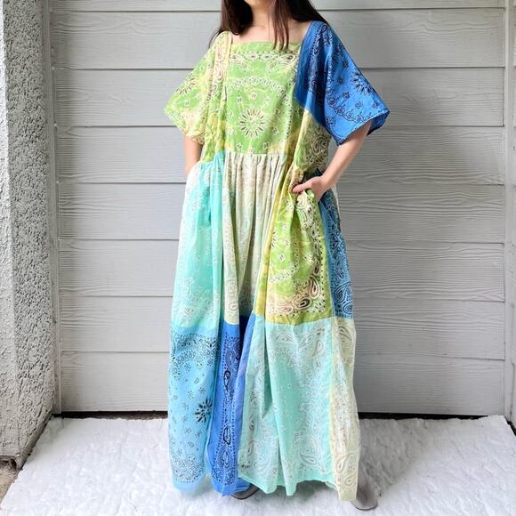 Handmade Earthy Green Bandana Dress SKU 08303 Tie At Back/Side Pockets - Picture 1 of 15